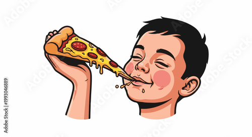 A young person joyfully eats a slice of melted cheese and pepperoni pizza