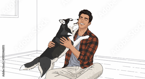 A young man hugs his black and white dog indoors