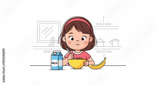 A young girl with brown hair, wearing a pink shirt, eats cereal with milk and a banana in a kitchen