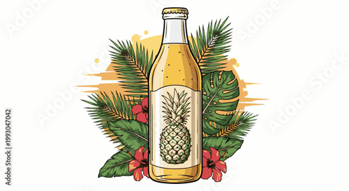 A yellow beverage bottle featuring a pineapple label, surrounded by lush tropical leaves and red flowers
