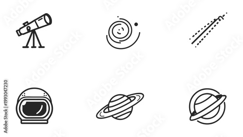 Cosmic Wonders: A set of six celestial icons, each a unique depiction of the universe, featuring a telescope, spiral galaxy, comet, space helmet, planet with rings and planet.