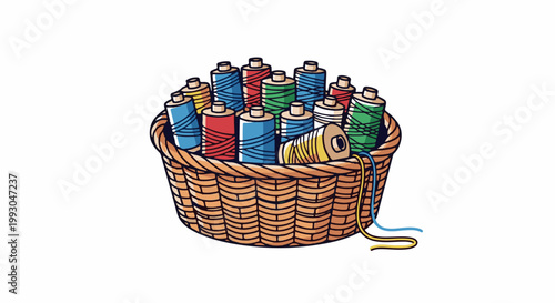 A woven basket overflows with colorful spools of thread, some with loose strands trailing