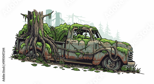 An old, rusted pickup truck overtaken by nature, with a large tree growing through its bed