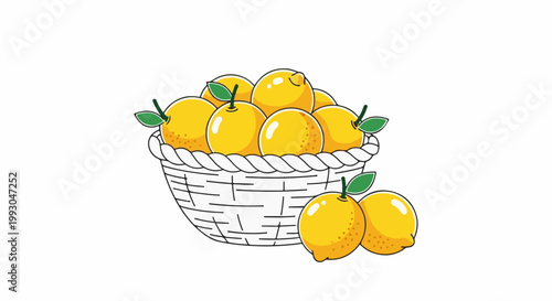 A woven basket overflows with bright yellow citrus fruits, some with green leaves