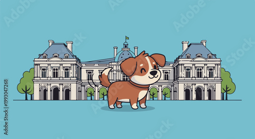Adorable cartoon dog stands before a grand, classic building with trees