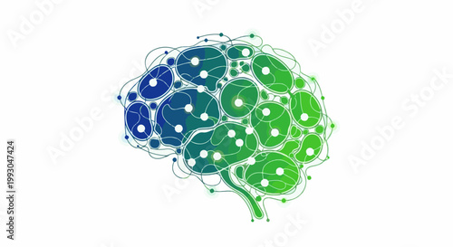 Abstract representation of a human brain with interconnected nodes and a gradient of blue to green hues