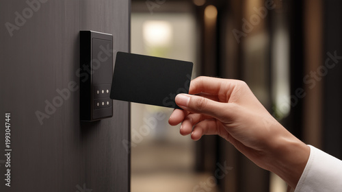 Hand holding black access card near modern electronic reader mounted on dark door, representing smart security system, contactless entry technology and corporate building access control concept.