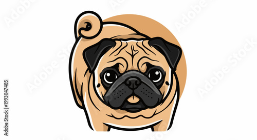 Adorable cartoon pug with wrinkled face, large eyes, and curly tail