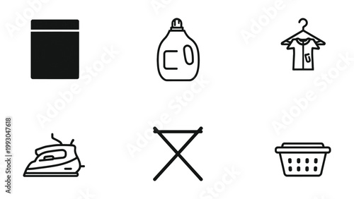 Laundry Essentials Icon Set: A neatly arranged collection of line art icons showcasing essential laundry items, from detergent to an ironing board, evoking the everyday chore.