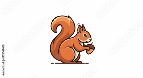 Adorable cartoon squirrel with bushy tail holding a brown acorn