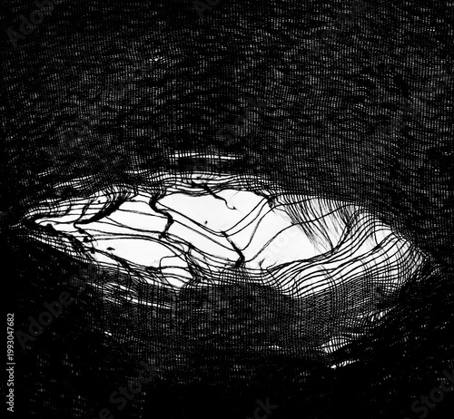 teared rag spread isolated on white background backdrop pattern texture. hole in tissue black fabric torn stitch hole loose threads Torn fabric with frayed edges Mockup mock up mock-up template blank