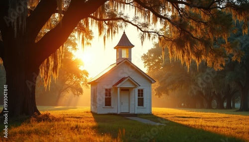 Small white church at sunset surrounded by large oak trees with Spanish moss. Golden light streams through branches onto a grassy field creating a peaceful, idyllic rural scene.