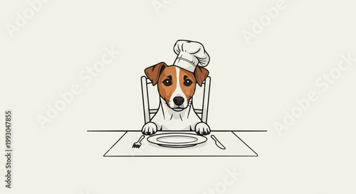 Adorable dog in chef hat sits at table with empty plate and utensils