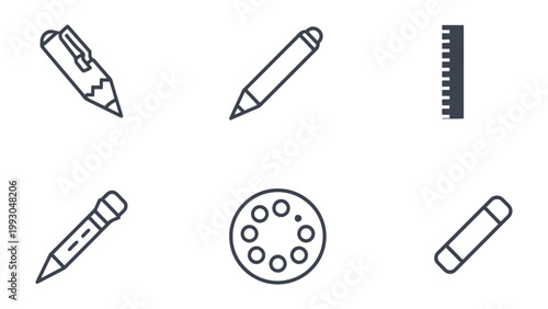 Essentials for Art: A collection of various drawing tools, ideal for creative endeavors and art projects, featuring a pen, pencil, eraser, a color palette, and a ruler.