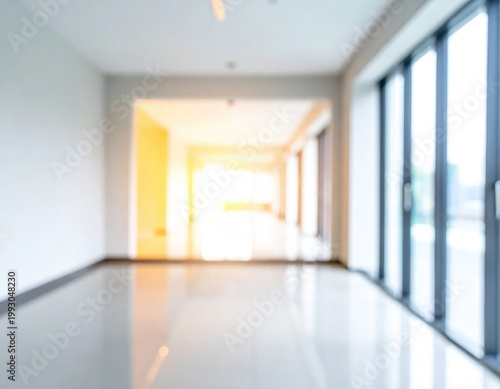 Modern Office Hallway with Natural Light and Glass Walls.