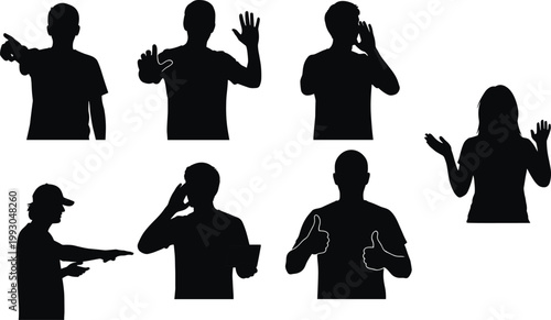 Vector Silhouette Illustration of People Making Various Hand Gestures, Including Pointing, Thumbs Up, Waving, and Shouting for Communication and Social Interaction.