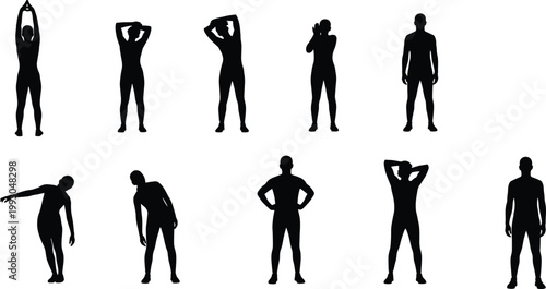 Vector Silhouette Illustration of People Performing Standing Upper Body Stretching Exercises and Warmup Routine for Fitness, Health, and Wellness Education.
