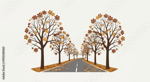 Autumn road lined with trees shedding colorful leaves