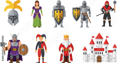 Medieval Fantasy Illustration Set Featuring Kings, Knights, Queens, Vikings, and Castles for Adventure, Fantasy, and Historical Design Projects.