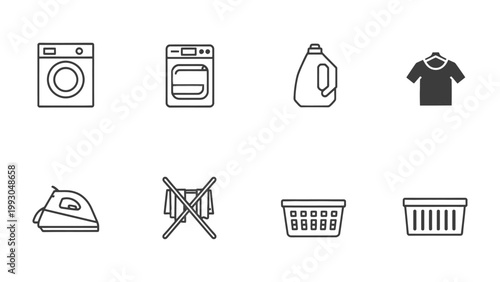 Laundry Day Essentials: An illustration showcasing essential laundry day tools. Including washing machine, clothes dryer, detergent, shirt, iron, clothes rack, laundry basket and hamper. 