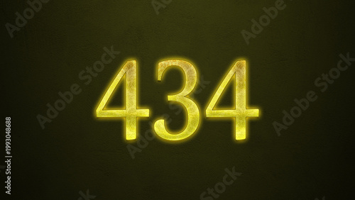 Neon glowing yellow number of 434 on dark background.