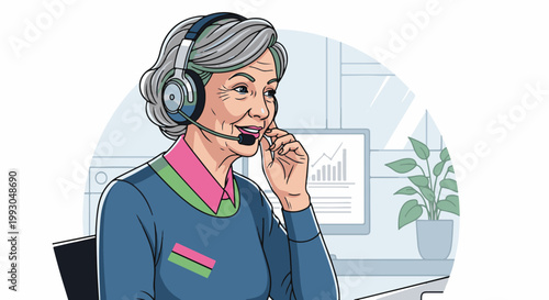 An older woman with grey hair, wearing a headset and a pink and green collar, speaks into a microphone in an office
