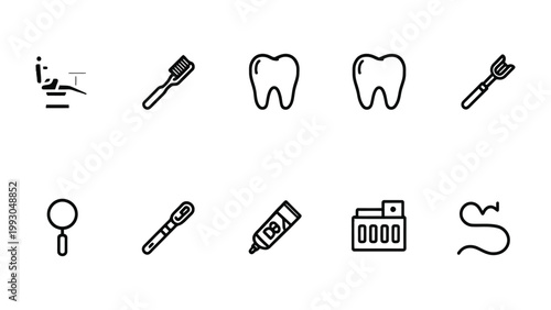 Dental Care Elements Icon Set: A collection of minimalist icons representing various aspects of dental care, from essential tools to the tooth itself.