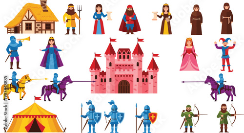 Medieval Fantasy Illustration Set Featuring Castles, Knights, Princesses, Archers, and Traditional Elements for Fantasy, Historical, and Adventure Design Projects.