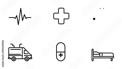 Healthcare Icons in Simplicity: A minimalist collection of essential healthcare symbols, from an ambulance and a medical bed to vital signs, a medical cross, and a simple pill icon.