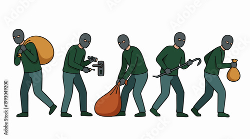 Tableau sur toile Set of cartoon burglars with tools, keys, and stolen bags on white background