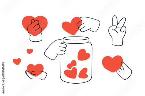 Hands holding hearts set. Sharing love, valentine symbols. Care, support and ...