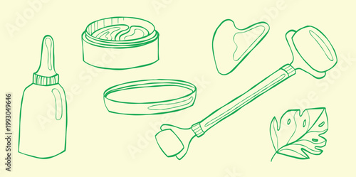 A set of hand-drawn skincare tools: serum, patches, facial massage roller, gua sha, and natural monstera leaf. Concepts for spa, beauty, cosmetics, health, youth, and self-care