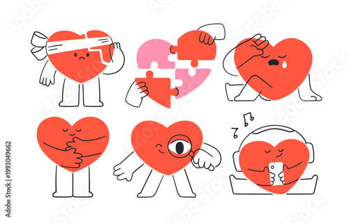 Cute heart characters set. Love mascot, funny valentine symbols, happy and sa...
