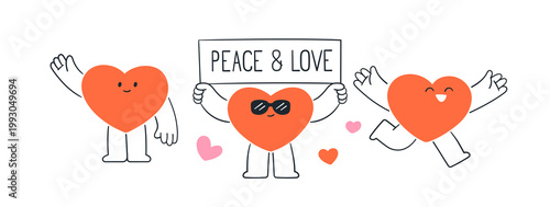 Cute funny heart characters set. Love mascots waving with hand, greeting, protesting with banner in hands, running. Happy valentine symbols. Flat vector illustrations isolated on white background