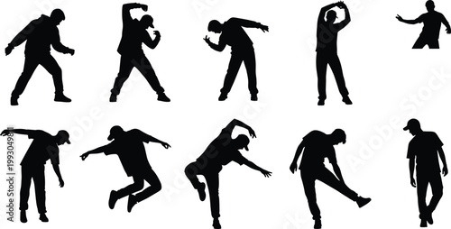 Breakdance silhouette set of young man dancing, jumping, hip hop performance, urban street dance poses, and energetic action for youth culture concept