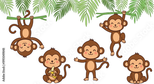 Photography Cute cartoon monkeys set hanging sitting and playing on jungle branches with tro