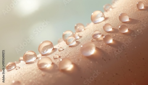 Macro view water droplets on smooth skin surface. Clear beads reflect light creating gentle glossy sheen. Wet texture shows hydration and purity.