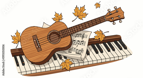 Autumnal music composition featuring a ukulele, sheet music, and piano keys with falling maple leaves