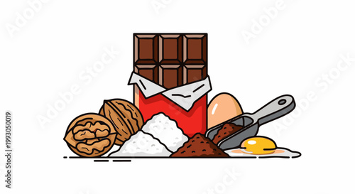 Baking ingredients chocolate bar, nuts, sugar, cocoa, and eggs