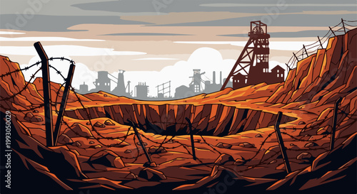 Barbed wire fences surround a barren, cratered landscape with industrial structures in the distance
