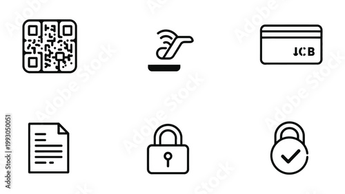 Payment System Icons: A set of six meticulously crafted icons, representing modern payment methods and security measures, ideal for digital interfaces and financial-themed projects.
