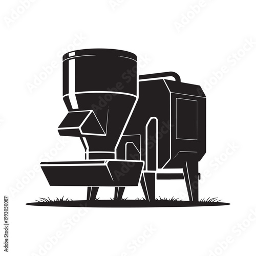 Black and white illustration of a concrete mixer machine on grass