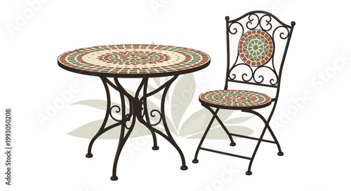 An ornate mosaic-topped bistro set featuring a round table and a folding chair
