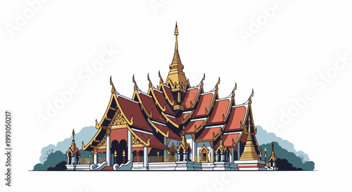An ornate, multi-tiered temple structure with red tiled roofs and golden spires