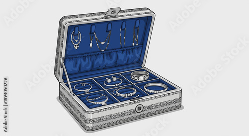 An ornate, opened jewelry box showcasing a collection of bracelets, necklaces, and earrings