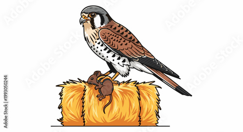 Bird of prey perched on hay bale with rodent