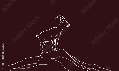 Vector illustration of an Alpine mountain goat on a cliff. White outline on burgundy dark background.