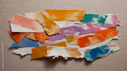 Torn masking tape pieces layered on textured paper background