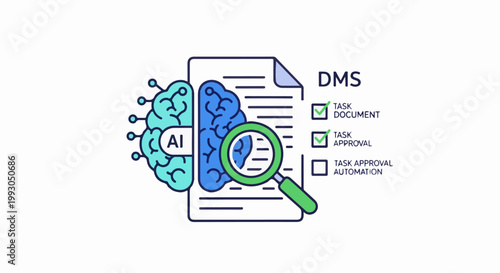 AI brain integrated with document management system, magnifying glass inspecting tasks