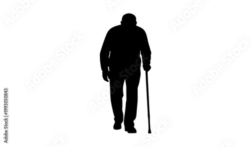 Hunched elderly man walking with cane front view silhouette vector illustration isolated on white background